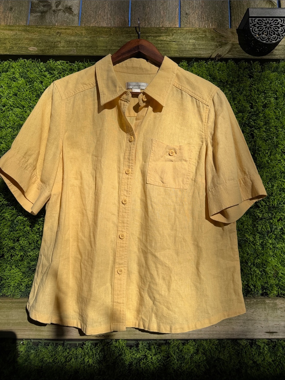 Christopher & Banks Short-Sleeve Butter Yellow Button-Down Linen Shirt.